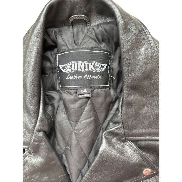 Unik Mens Black Leather Zip Front Belted Biker Motorcycle Jacket Size 56 3XL - Picture 4 of 14